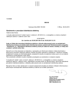 Vyrozumenie o prerušení distribúcie elektriny 5.5.2015