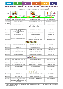 01.04.2015–30.04.2015 tarihleri arası yemek listesi