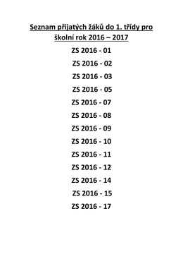 Seznam přijatých žáků do 1. třídy pro školní rok 2016 – 2017 ZS