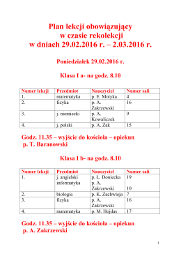 Plan lekcji obowiązujący w czasie rekolekcji w dniach 29.02.2016 r