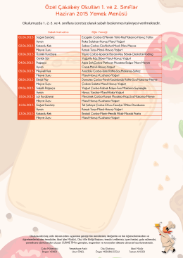 Özel Çakabey Okulları 1. ve 2. Sınıflar Haziran 2015 Yemek Menüsü
