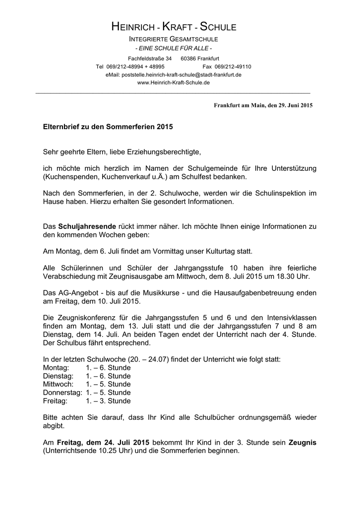 Elternbrief Zu Den Sommerferien 2015 Heinrich Kraft