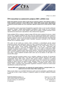 ČFA nesouhlasí se zastavením podpory OZE v příštím roce