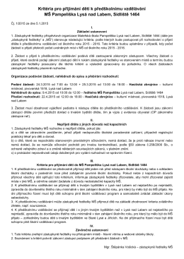 Kritéria pro přijímání dětí k předškolnímu vzdělávání MŠ Pampeliška