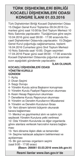 türk dişhekimleri birliği kocaeli dişhekimleri odası kongre ilanı 01.03