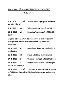 Plán akcí ZŠ a MŠ Bystročice na měsíc březen 2016