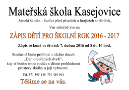 Zápis dětí do MŠ Kasejovice pro školní rok 2016