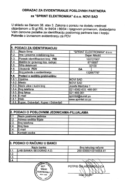 OBRAZAC ZA EVIDENTIRANJE POSLOVNIH