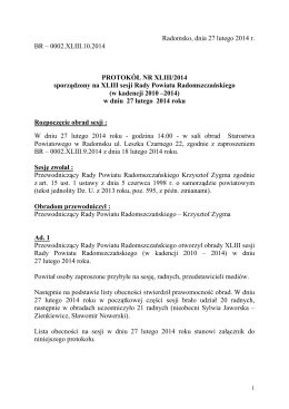 Protokół nr XLIII/2014 sporządzony na XLIII sesji Rady Powiatu