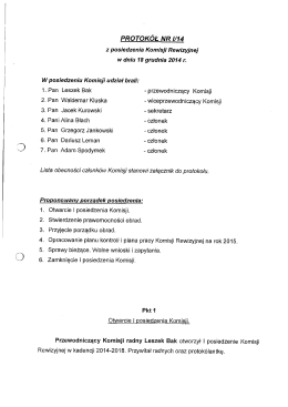 Protok&oacute;ł z I posiedzenia Komisji Rewizyjnej z dnia 18 grudnia 2014 r.