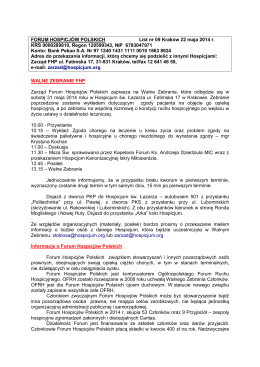 FORUM HOSPICJÓW POLSKICH List nr 09 Kraków 22 maja 2014 r. KRS