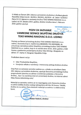 Poziv za vanrednu Skupštinu društva TEKO MINING RAKOVAC doo