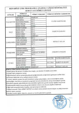 08-02-2016 Tarihli 2. Dönem Öğretmen Nöbet Çizelgesi