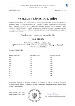 VÝSLEDKY ZÁPISU DO 1. TŘÍDY
