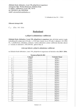 Oznámení o přijetí žáků k základnímu vzdělávání 2016/2017