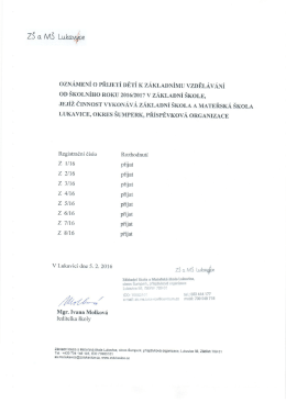 přijetí k základnímu vzdělávání - Základní škola a Mateřská škola