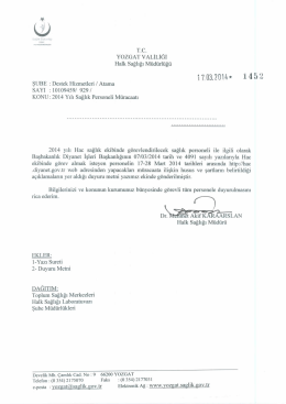 2014 Yılı Sağlık Personeli Hac M&uuml;racaatı ile ilgili resmi yazıya