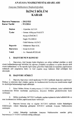 Anayasa Mahkemesinin 9/1/2014 Tarihli ve 2013