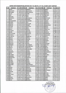 bursa büyükşehir belediyesi 2014 yılı mayıs ayı yol ücretleri tarifesi