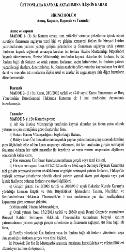 Üst Fonlara Kaynak Aktarımına İlişkin Karar