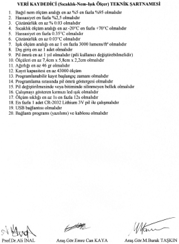 vERİ KAYDEDİCİ (sıcaklık-Nem-ışık &ouml;l&ccedil;er) TEKNİK şARTNAMEsİ