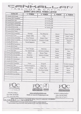 Şubat Ayı Yemek Listesi