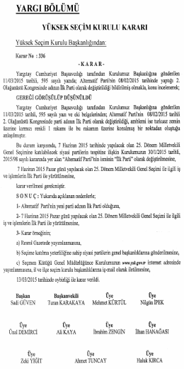 Yüksek Seçim Kurulunun 13/3/2015 Tarihli ve 336