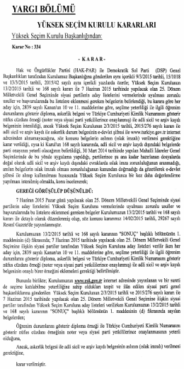Yüksek Seçim Kurulunun 13/3/2015 Tarihli ve 334