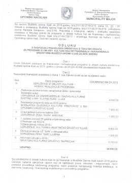 ODLUKA o raspodjeli finansijskih sredstava iz tekućeg granta