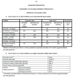 Eğitim ve Uygulama Tesisimizde Uygulanan Fiyat Tarifesi