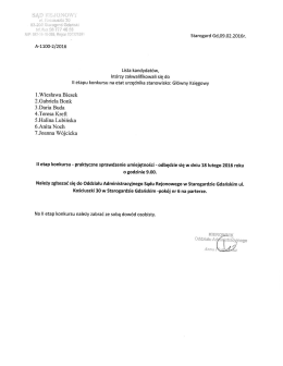 Lista kandydat&oacute;w zakwalifikowanych do II etapu konkursu.