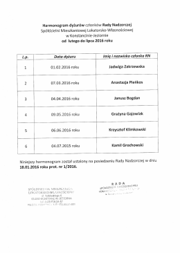 Harmonogram dyżur&oacute;w członk&oacute;w Rady &ndash; I p&oacute;łrocze 2016 roku