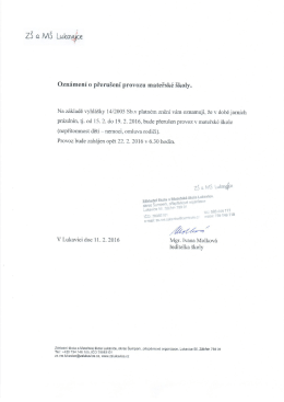 přerušení provozu MŠ - Základní škola a Mateřská škola Lukavice