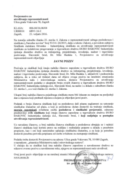 Javni poziv sindikatima koji imaju radnike članove zaposlene u
