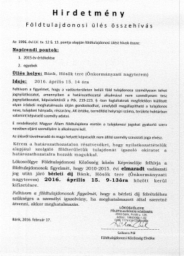 Hirdetm&eacute;ny f&ouml;ldtulajdonosi gyűl&eacute;s &ouml;sszeh&iacute;v&aacute;s&aacute;r&oacute;l