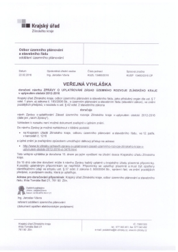 Doručen&iacute; n&aacute;vrhu Zpr&aacute;vy o uplatňov&aacute;n&iacute; &uacute;zemn&iacute;ho rozvoje Zl&iacute;nsk&eacute;ho