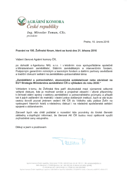 Pozvánka na 195. Žofínské fórum od Miroslava Tomana, prezidenta