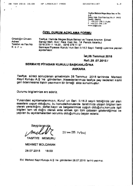 30 Temmuz 2015 Tarihinde yapılacak pay &ouml;demesi yazısı &Ouml;zel