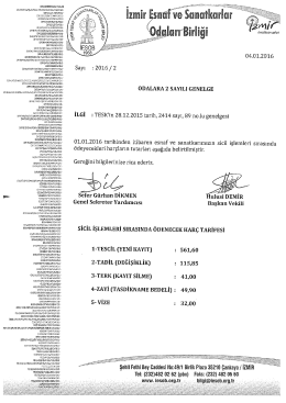 2016/2 - Sicil İşlemleri Sırasında Ödenecek Harç Tarifeleri