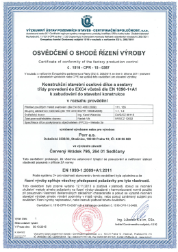 VÝZKUMNY USTAV Pozemmcn STAVEB . CERTIFIKAČNÍ