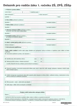 Dotazn&iacute;k pro rodiče ž&aacute;ka 1. ročn&iacute;ku Z&Scaron;, ZP&Scaron;, Z&Scaron;Sp