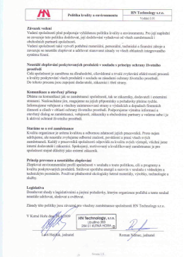 Podepsaný originál Politiky kvality a enviromentu