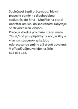 Společnost Lepší práce nabízí hlavní pracovní poměr na