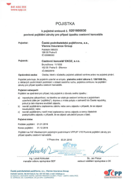 Certifikát pojištění - Cestovní kancelář EKOZ – Bibione a Lignano