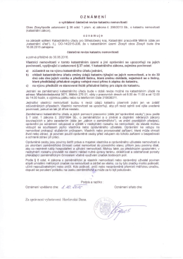 Oznámení o vyhlášení částečné revize katastru nemovitostí