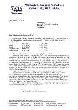 Cena vodn&eacute;ho a stočn&eacute;ho na rok 2016