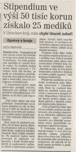 Stipendium ve V&yacute;&scaron;i 50 tis&iacute;c korun z&iacute;skalo 25 mediků