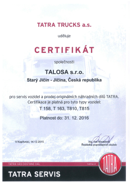 Certifik&aacute;t TATRA pro rok 2016