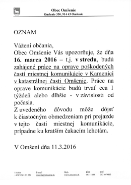 Oznam - oprava cesty Kamenica