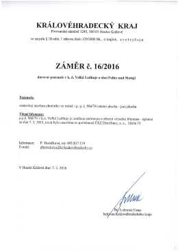 Záměr č. 16/2016 - darovat pozemek v k.ú. Velká Ledhuje